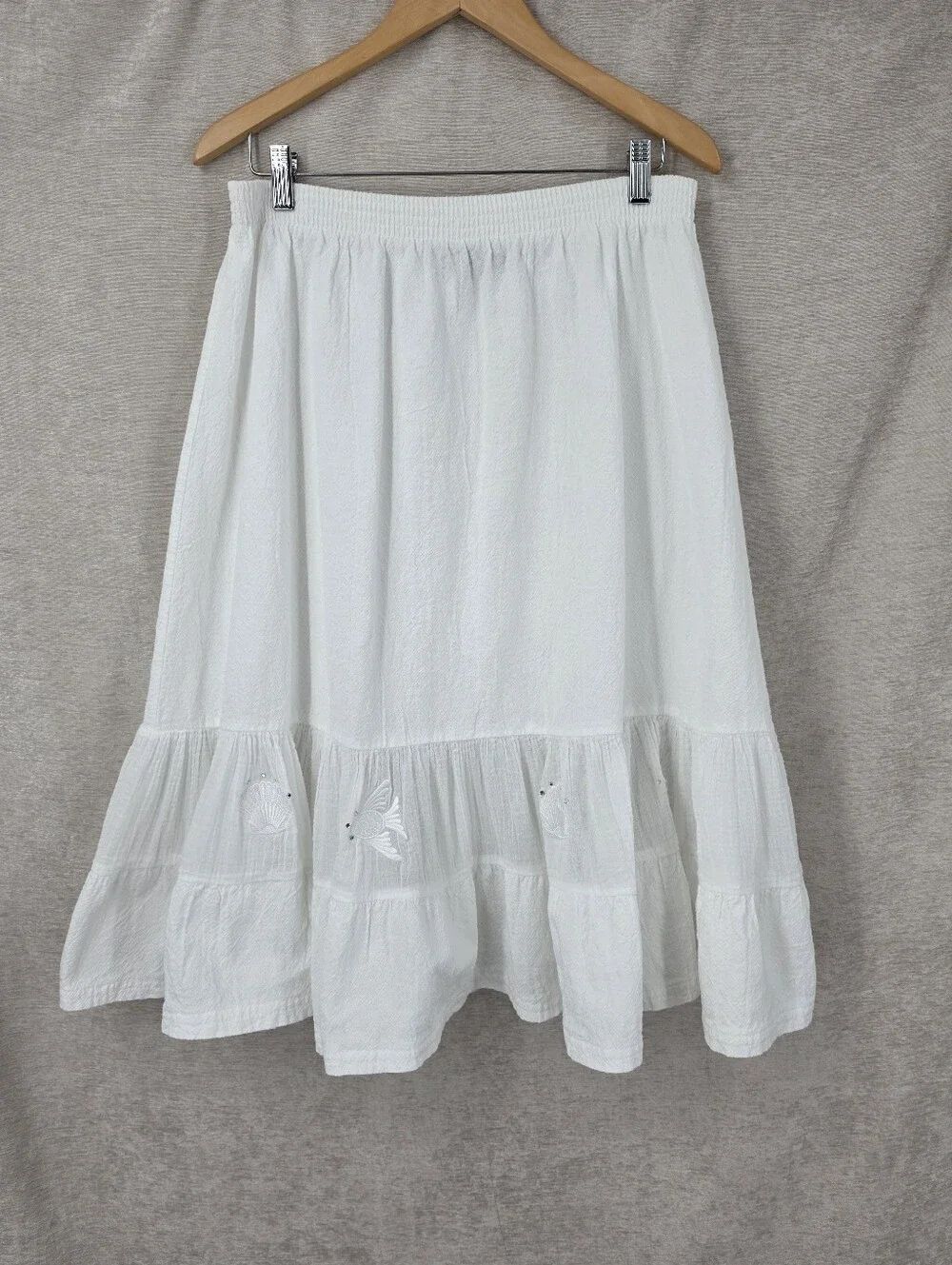 Vintage Cotton White Tiered Midi Skirt Embroidered Sea Shells and Fish Coastal